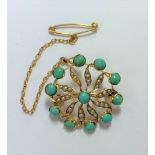 A turquoise and seed pearl brooch / pendant,