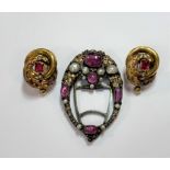 A pair of 19th Century earstuds together with a ruby and pearl set clip brooch,