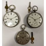 A trio of silver key wind open-faced pocket watches,