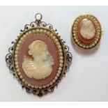 Two hardstone cameo, pearl and enamel brooches,