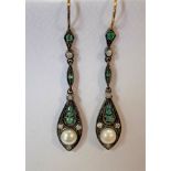 A pair of Edwardian style earpendants set with diamonds, emeralds and pearls,