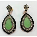 A pair of jade, diamond and onyx earpendants,