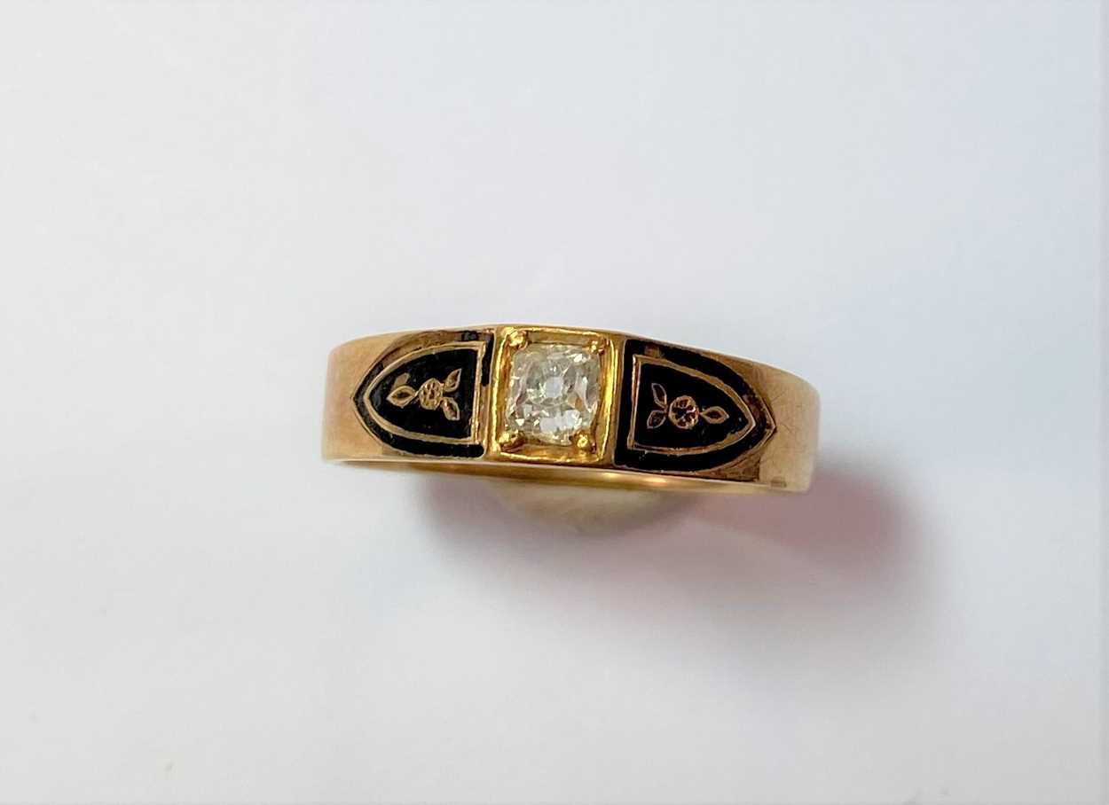 A diamond and black enamel memorial ring, - Image 2 of 6