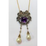A negligée style necklace set with diamonds, amethyst and pearls,