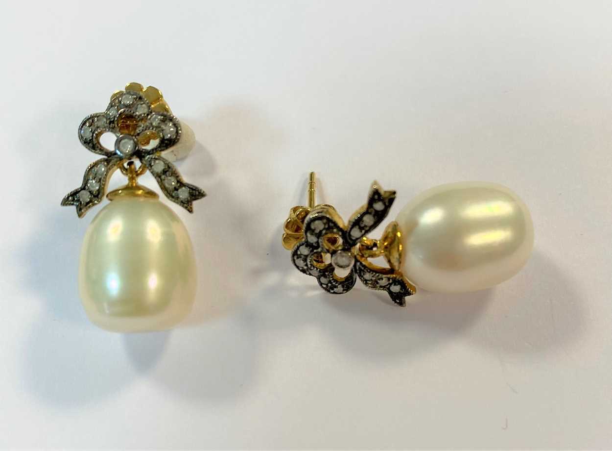 A pair of cultured pearl and diamond bow earpendants, - Image 2 of 3