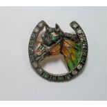 An emerald, diamond and plique-à-jour enamel horse head brooch,