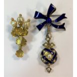 A pearl and enamel brooch / pendant together with a pearl brooch,