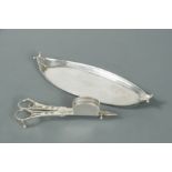 A George III silver scissor action candle snuffer and accompanying tray,