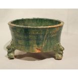 A Chinese green glazed pottery tripod large censer, Han Dynasty,