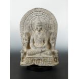 A Chinese grey veined stone Buddhist triad group, Northern Wei Dynasty style,