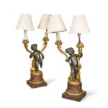 A pair of French late 19th century bronze and gilt-bronze two-branch candelabra,