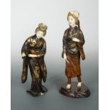 Two Japanese carved wood, lacquered and ivory mounted figures of ladies, late Meiji period circa