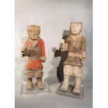 Two Chinese painted pottery standing attendants/guards, perhaps Han Dynasty,