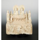 A Chinese white marble double Bodhisattva group, with aureoles and four followers,