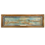 A Chinese carved cork on silk panoramic bas-relief view of Dawn on the Su Causeway in Spring but