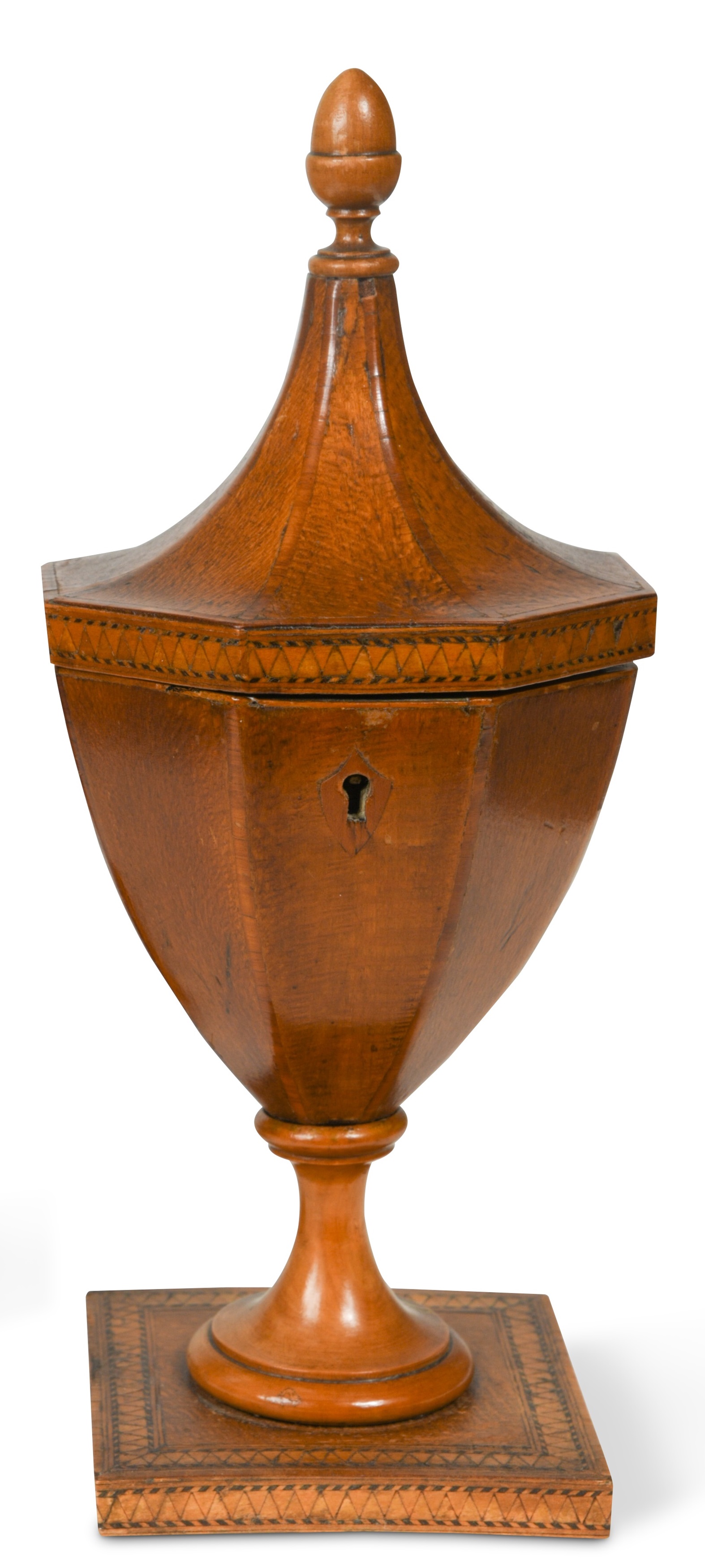 A George III partridge wood pedestal urn-shaped tea caddy,