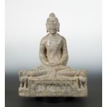 A Chinese grey veined marble Seated Buddha, in Northern Wei style,
