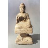 A Chinese carved white marble figure of a Buddha seated in meditation on a pedestal, in Tang
