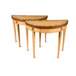 A pair of satinwood cross banded and painted demi-lune card tables, modern,