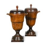 A pair of painted tole-ware urns and covers, modern,