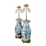 A pair of Chinese blue and white lamps, 20th century,