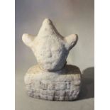 A Chinese crystalline white stone stylised head with tricorn headgear,