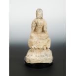A Chinese pale stone seated figure of Guanyin, in meditative pose, on pedestal, Tang Dynasty style,