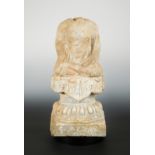 A Chinese pale stone seated Buddha on pedestal, headless, perhaps northern Qi,