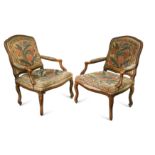 A pair of Louis XV style French fauteuils, 19th century,