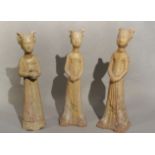 Three Chinese straw glazed pottery standing slender tomb ladies, Sui Dynasty type,