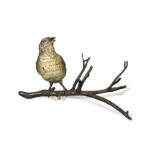 An Austrian cold painted bronze inkwell as a song thrush on a cherry branch by Franz Bergmann,