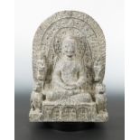 A Chinese grey veined stone Buddhist triad group, Northern Wei Dynasty style,