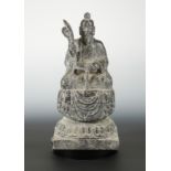 A Chinese veined marble seated figure of Laozi, in Northern Wei style, on pedestal,