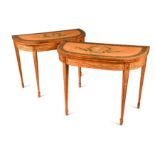 A pair of George III painted satinwood demi lune card tables,