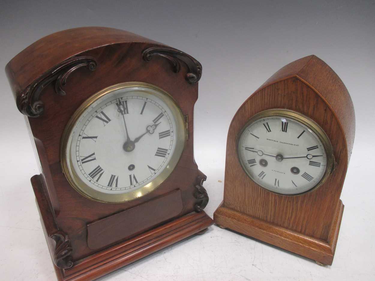 A mid 19th century walnut cased mantle clock, 29cm high, together with another mantel clock, the