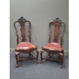 A pair of continental high back chairs, with drop in seats on cabriole legs and stretchers (2)