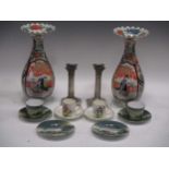 Pair of shaped Chinese vases, early 20th century, two cups and saucers and a pair of plated
