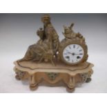 A late 19th century French gilt metal mantel clock, on a shaped alabaster base(29 x 36cm)