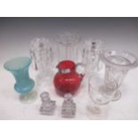 A pair of 20th century glass table lustres, two celery vases and other glassware