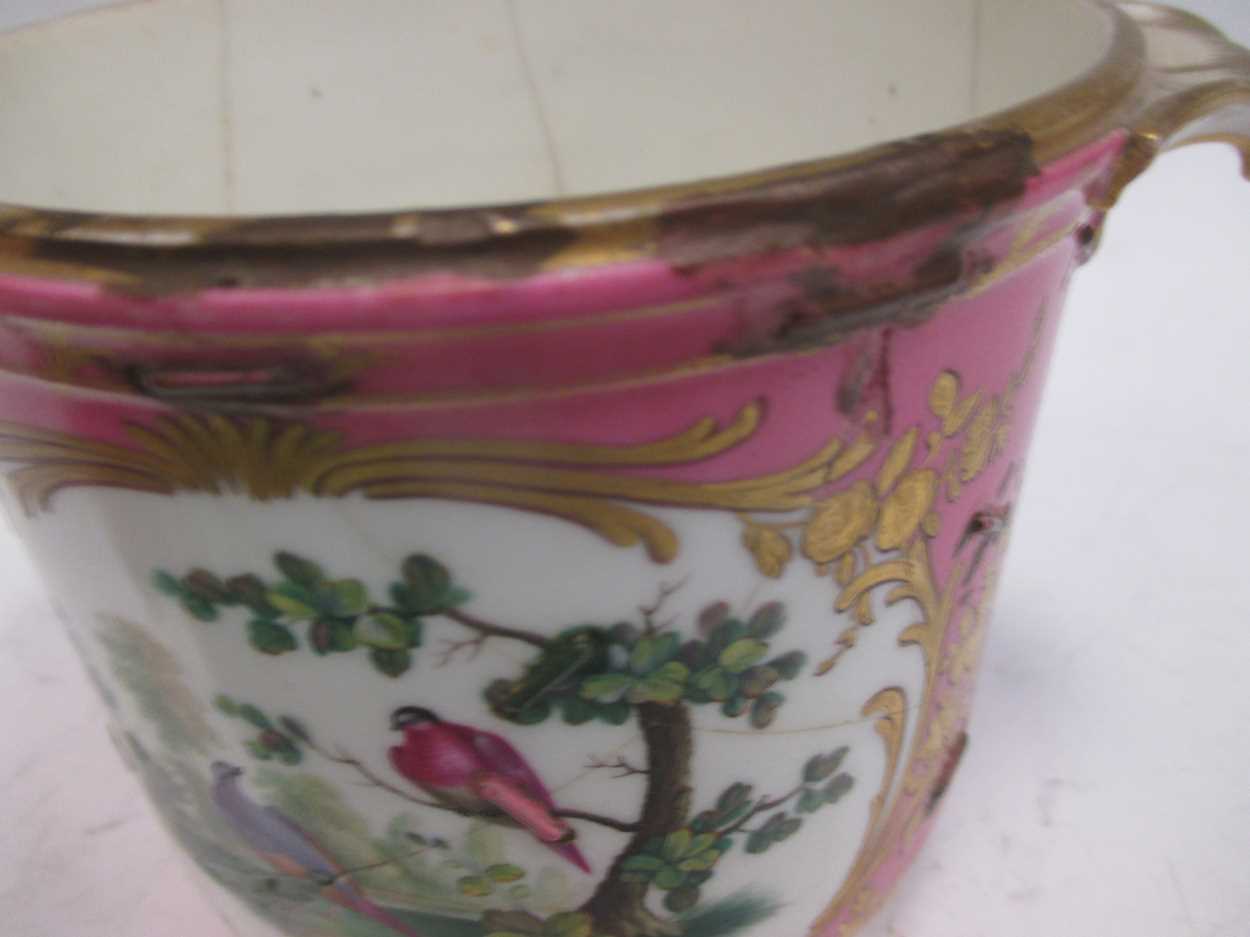 A pair of Sevres two-handled cache pots, painted with fanciful birds, reserved on pink ground - Image 5 of 8