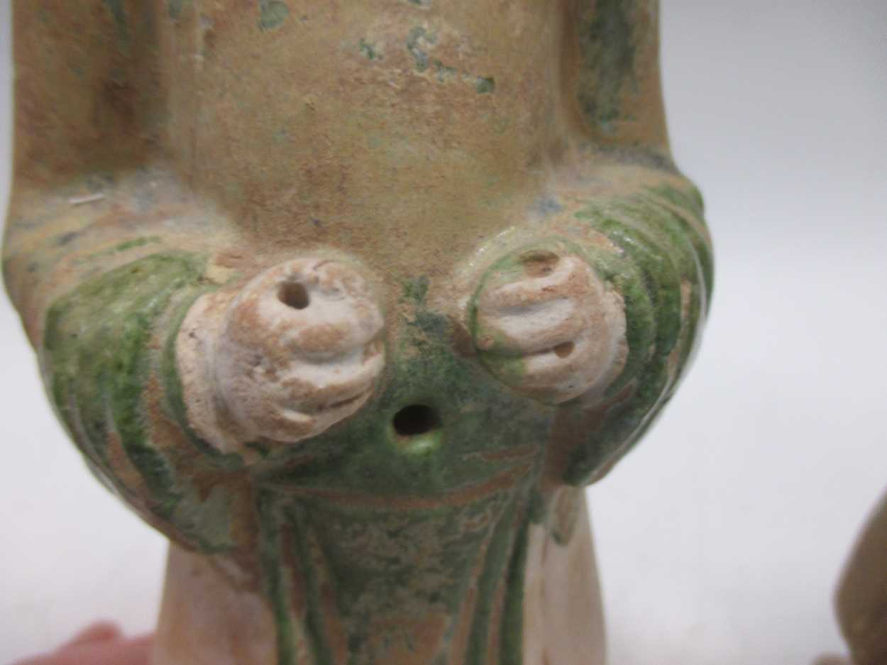 Two Chinese pottery figures, possibly Tang, each with remnants of green paint - Image 2 of 7