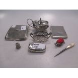 A silver pin cushion in the form of a turtle, a vesta case and cigarette boxes etc