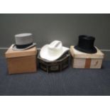 A Stetson, boxed, and grey and black top hats (3)