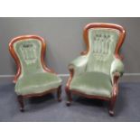 A Victorian green draylon show frame armchair and matching ladies chair
