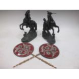 A pair of spelter Marley Horses and two Victorian beadwork fire screens