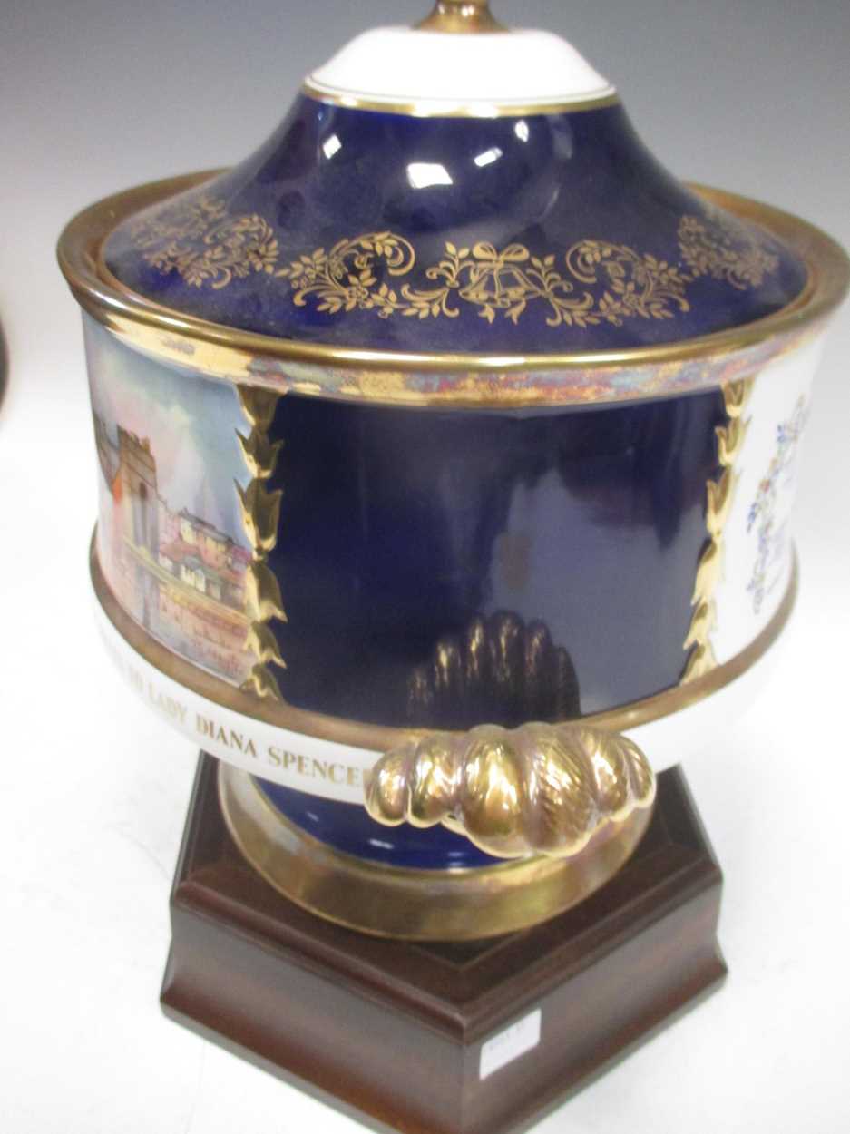 An Aynesley porcelain Charles and Diana marriage Commemorative vase and cover on stand, 39cm high - Image 3 of 5