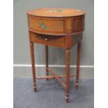 A Sheraton revival satinwood work table the lid and body painted with a young maiden within