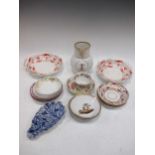 A collection of pottery and porcelain, to include a pair of Derby style shell shaped dishes, a