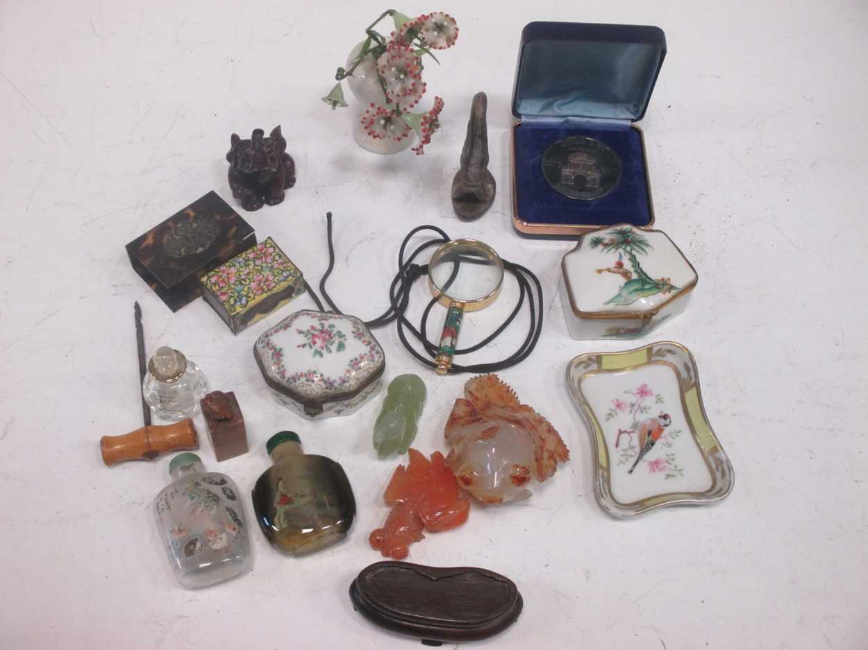 Two Chinese snuff bottles, a cloisonné matchbox holder, a continental porcelain pin dish and snuff