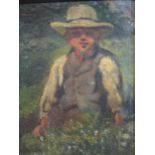 English School, 19th century, A Boy in a straw hat in a landscape, oil on board, 18x14cm